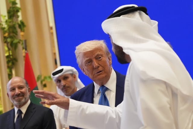 President Donald Trump attends a business meeting at Qasr Al Watan, Friday, May 16, 2025, in Abu Dhabi, United Arab Emirates. (AP Photo/Alex Brandon)