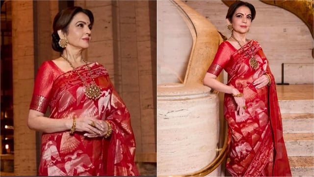 Nita Ambani stuns in red silk saree and opulent jewellery. 