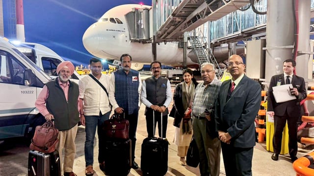 Indian Ambassador to the Russian Federation Vinay Kumar welcomes the all-party delegation led by Dravida Munnetra Kazhagam (DMK) MP Kanimozhi as they arrive at Moscow Domodedovo International Airport, in Moscow on Thursday.