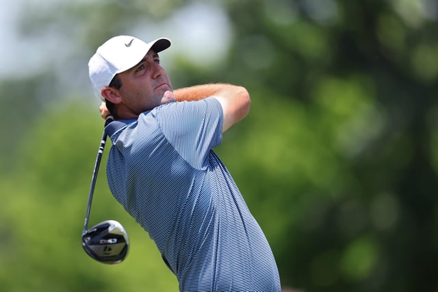 Scottie Scheffler of the United States plays his shot from the third tee during the first round of the Charles Schwab Challenge 2025 at Colonial Country Club on May 22, 2025 in Fort Worth, Texas.