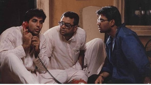 Akshay Kumar, Paresh Rawal and Suniel Shetty in a still from Hera Pheri.