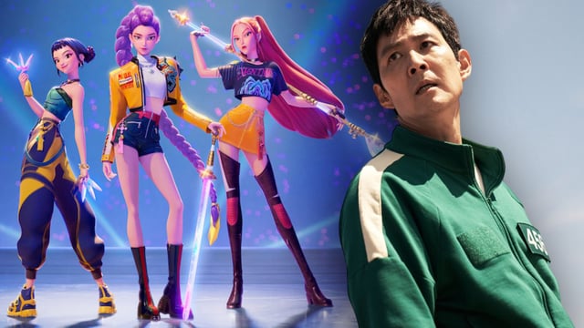 Rumi, Mira, and Zoey in KPop Demon Hunters and Lee Jung-jae as Seong Gi-hun in Squid Game