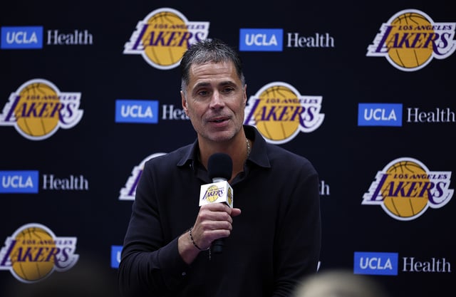 General Manager Rob Pelinka of the Los Angeles Lakers speaks with the media during a press conference at UCLA Health Training Center on September 25, 2024 in El Segundo, California.