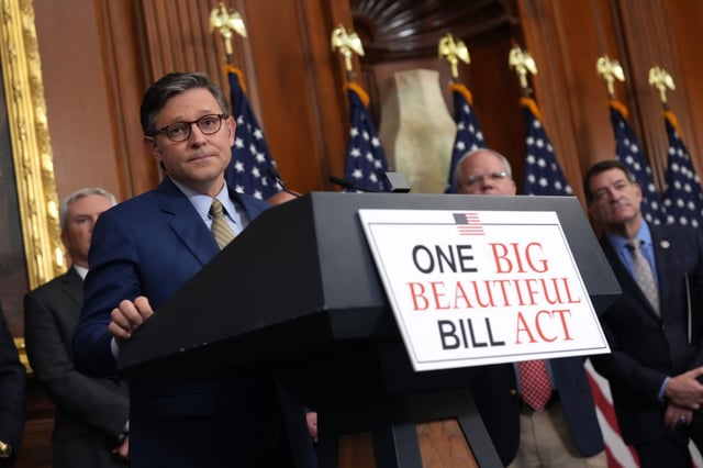 U.S. Speaker of the House Mike Johnson (R-LA) speaks to the media after the House narrowly passed a bill forwarding President Donald Trump&#39;s agenda at the U.S. Capitol on May 22, 2025 in Washington, DC.