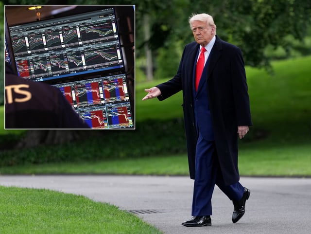 Stocks fell Monday morning (inset) as President Donald Trump vowed to impose stiff new tariffs on European imports and iPhones. (Getty; AP)