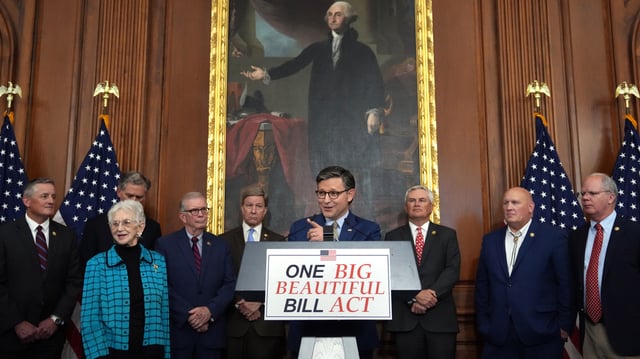 House Speaker Mike Johnson (R-La.) and other top House Republicans celebrate passage of Trump megabill