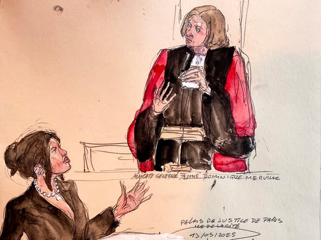 This court sketch made on May 13, 2025 in Paris shows US celebrity Kim Kardashian (L), next to assistant public prosecutor Anne-Dominique Merville, testifying before the Assize Court for the trial over the 2016 robbery that saw her relieved of millions of dollars' worth of jewellery at gunpoint. The trial of this sensational nine million euro jewellery robbery opened in Paris on April 28, 2025. (Photo by Benoit PEYRUCQ / AFP)