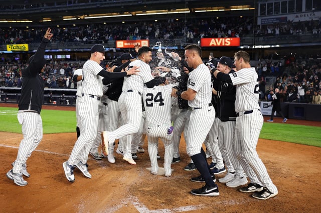 NEW YORK, NY - MAY 21: Jasson Domínguez #24 of the New York Yankees celebrates his walk-off home run in the ninth inning for a 4-3 win against the Texas Rangers at Yankee Stadium on May 21, 2025 in New York, New York.