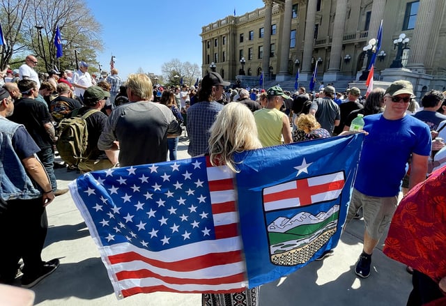 People gather in support of Alberta becoming a 51st state during a rally at the Legislature in Edmonton, on Saturday, May 3, 2025. 