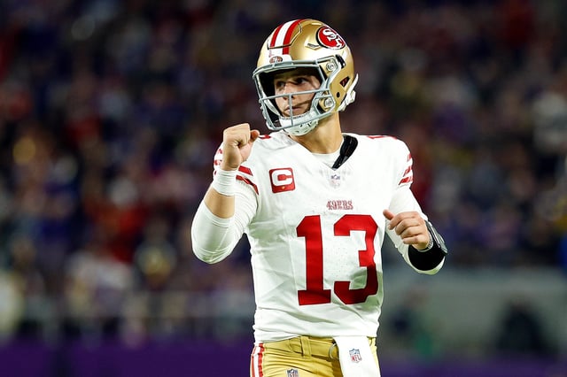 Brock Purdy #13 of the San Francisco 49ers celebrates a touchdown against the Minnesota Vikings in the first half at U.S. Bank Stadium on October 23, 2023 in Minneapolis, Minnesota. The Vikings defeated the 49ers 22-17.