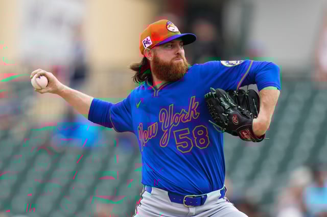 JUPITER, FLORIDA - FEBRUARY 26: Paul Blackburn #58 of the New York Mets throws a pitch against the Miami Marlins during the first inning of a spring training game at Roger Dean Stadium on February 26, 2025 in Jupiter, Florida. (Photo by Rich Storry/Getty Images)