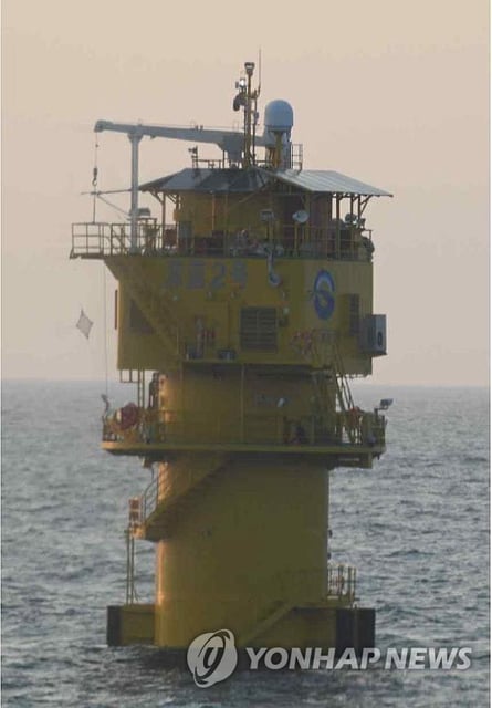 This file photo, released by Rep. Um Tae-young of the People Power Party on April 24, 2025, shows a structure unilaterally installed by China in 2024 in the Provisional Measures Zone (PMZ) of the Yellow Sea. (PHOTO NOT FOR SALE) (Yonhap)
