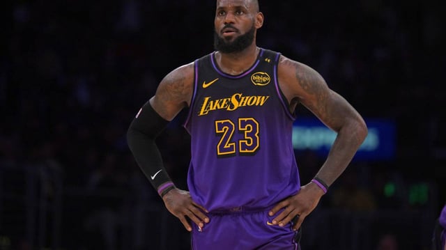 Los Angeles Lakers forward LeBron James watches on during a game against the Portland Trail Blazers at Crypto.com Arena.