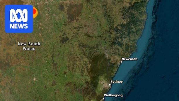 A satellite map showing the epicentre of the quake in the top left corner and cities Newcaste, Sydney and Wollongong.