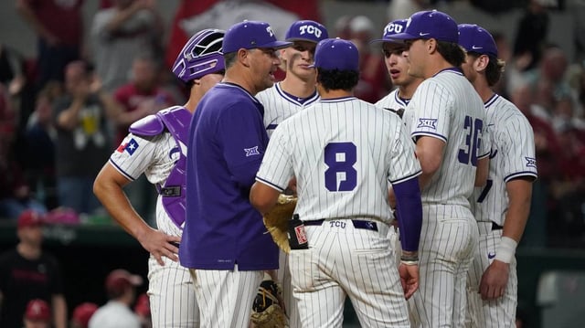 Feb 22, 2025; Arlington, TX, USA; The Arkansas Razorbacks play the TCU Horned Frogs during the Amegy Bank College Baseball Series presented by Kubota Weekend 2 at Globe Life Field. Mandatory Credit: Raymond Carlin III-Imagn Images
