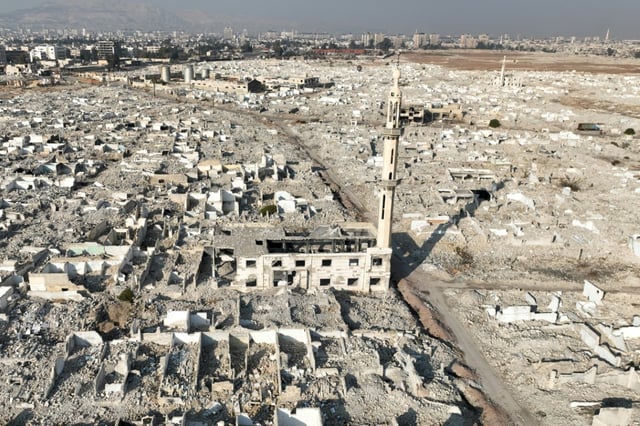 Vue aérienne de destructions dans le district d'Assali à Damas, le janvier 2025