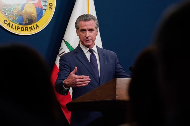 Calif. Gov. Gavin Newsom presents his revised 2025-2026 state budget during a news conference in Sacramento, Calif., Wednesday, May 14, 2025.
