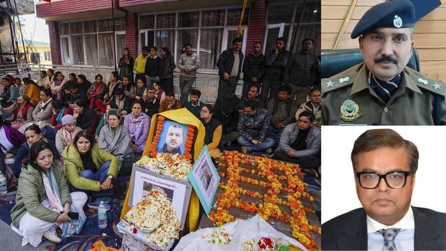Clockwise from left: Vimal Negi’s wife, family members during protest outside HPPCL office in Shimla in March; Shimla SP Sanjeev Gandhi and DGP Atul Verma | By special arrangement