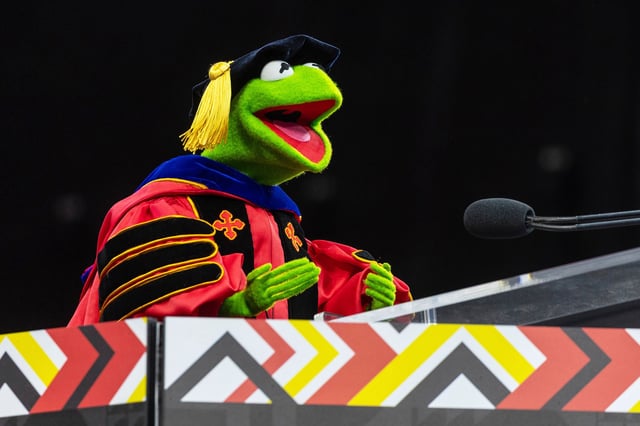 Kermit the Frog speaks during University of Maryland's commencement ceremony on Thursday, May 22, 2025, in College Park, Md.