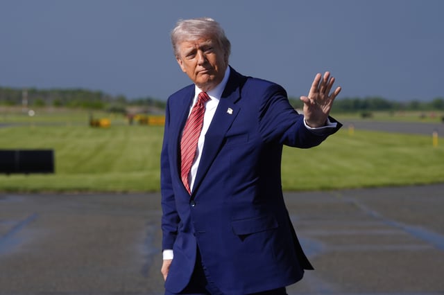 President Donald Trump arrives on Air Force One at Morristown Municipal Airport in Morristown, N.J., Friday, May 23, 2025.