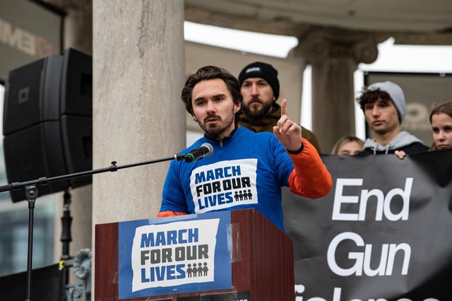 Parkland school shooting survivor David Hogg speaks during an anti-gun violence rally in Boston, Massachusetts, on March 25, 2023.