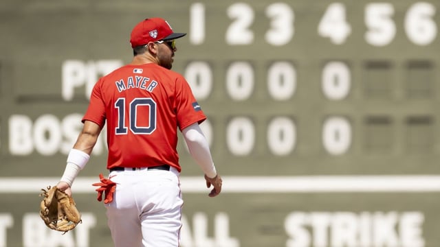 FORT MYERS, FLORIDA – MARCH 11: Marcelo Mayer #10 of the Boston Red Sox looks on during a game against the Pittsburgh Pirates at JetBlue Park at Fenway South on March 11, 2024 in Fort Myers, Florida. (Photo by Maddie Malhotra/Boston Red Sox/Getty Images)