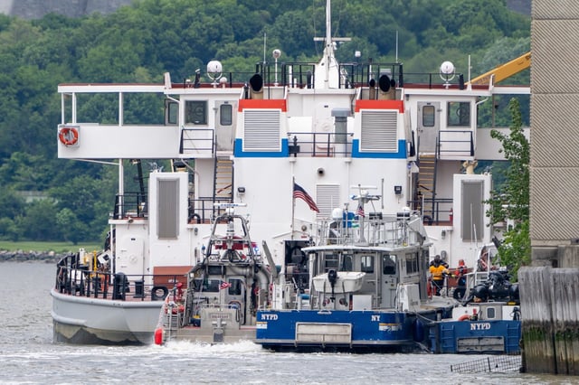 A Methane explosion aboard a Department of Environmental Protection ship docked at their facility in the Hudson River near West 138th Street resulted in the death of a male worker after the blast sent him tumbling off the ship in Manhattan on Saturday May 24, 2025. (Theodore Parisienne / New York Daily News)