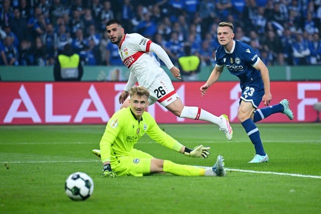 Soccer Football - DFB Cup - Final - Arminia Bielefeld v VFB Stuttgart - Olympiastadion, Berlin, Germany - May 24, 2025 VfB Stuttgart's Deniz Undav scores their third goal REUTERS/Annegret Hilse