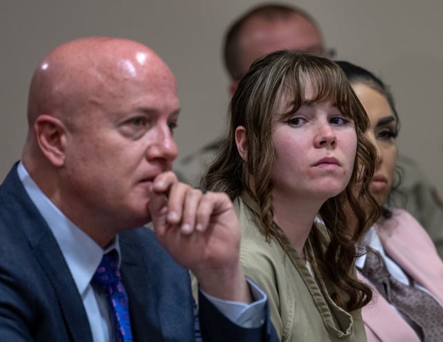 Hannah Gutierrez Reed, center, with her attorney Jason Bowles and paralegal Carmella Sisneros during her sentencing hearing in First District Court, on April 15, 2024 in Santa Fe, New Mexico.