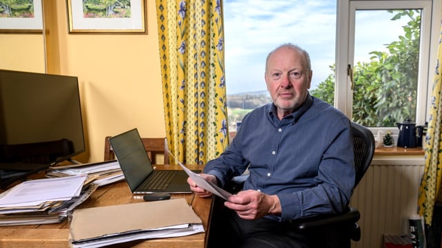 Sir Alan Bates at home near Colwyn Bay