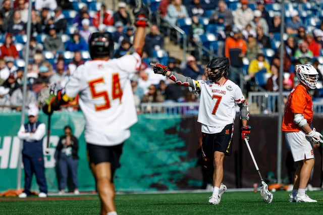 Maryland attacker-midfielder Eric Spanos celebrates after scoring a goal against Syracuse in an NCAA Tournament semifinal on Saturday, May 24, 2025, at Gillette Stadium in Foxborough, Massachusetts. (Courtesy of Maryland Athletics)