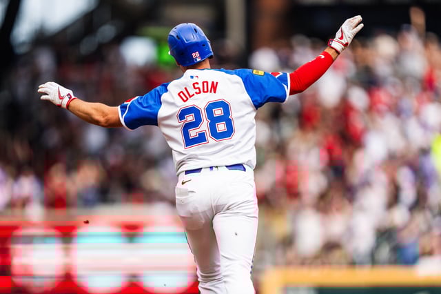ATLANTA, GA – MAY 24: Matt Olson #28 of the Atlanta Braves celebrates hitting a home run during the third inning against the San Diego Padres at Truist Park on May 24, 2025 in Atlanta, Georgia. (Photo by Matthew Grimes Jr./Atlanta Braves/Getty Images)