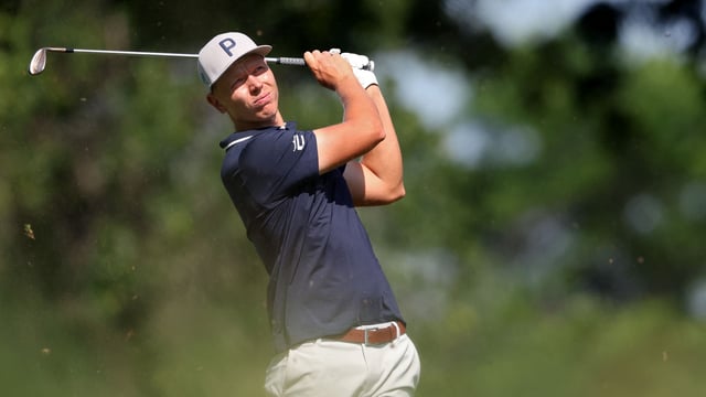 Matti Schmid of Germany plays his shot from the 17th tee during the third round of the Charles Schwab Challenge 2025 at Colonial Country Club on May 24, 2025 in Fort Worth, Texas. Photo by Sam Hodde / GETTY IMAGES NORTH AMERICA / Getty Images via AFP)