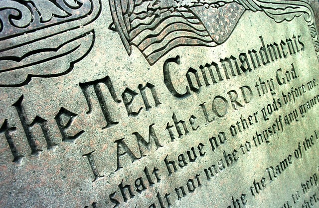 A 42-year-old Ten Commandments sculpture is on display in front of city hall June 27, 2001 in Grand Junction, CO.