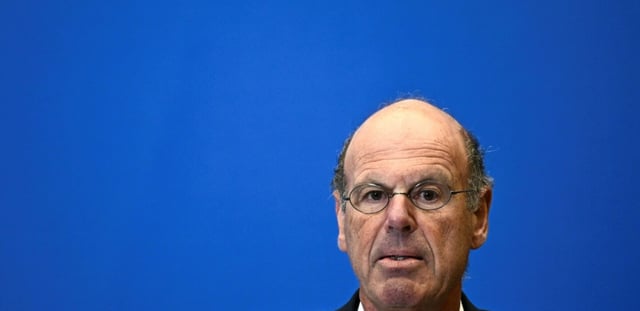 Le ministre de l'Economie Eric Lombard, lors d'une conférence de presse le 15 mai 2025 à Paris