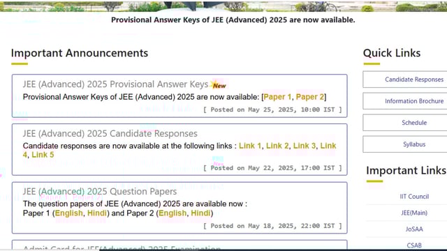 JEE Advanced 2025 answer key out at jeeadv.ac.in