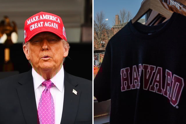 President Donald Trump at West Point in Michie Stadium on May 24, 2025. Harvard University merchandise store in Harvard Square on April 17, 2025 in Cambridge, Massachusetts.. (Photo by Sophie Park/Getty Images)
