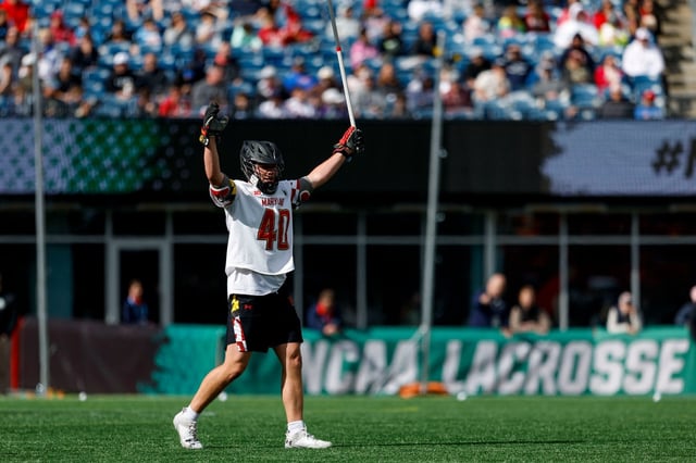 Maryland defenseman Colin Burlace celebrates during an NCAA Tournament semifinal against Syracuse on Saturday, May 24, 2025, at Gillette Stadium in Foxborough, Massachusetts. (Courtesy of Maryland Athletics)