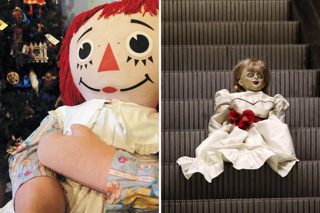 L: A large-sized Raggedy Ann doll pictured March 25, 2009. The doll from the film &#39;Annabelle: Creation&#39; during a photocall at U-Bahnhof Rathaus Steglitz on August 17, 2017 in Berlin, Germany.