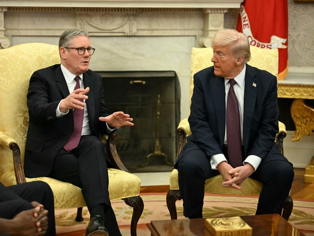 US President Donald Trump meets with British Prime Minister Keir Starmer in the Oval Office of the White House in Washington, DC, on February 27, 2025. Starmer is meeting Trump to plead for a US backstop to any Ukraine ceasefire, insisting it would be the only way to stop Russia's Vladimir Putin from invading again. Starmer arrived in Washington late Wednesday to build on a visit by French President Emmanuel Macron, amid growing concerns in Europe that the US leader is about to sell Kyiv short in negotiations with Putin. (Photo by Jim WATSON / AFP) (Photo by JIM WATSON/AFP via Getty Images)