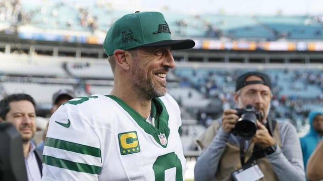Dec 15, 2024; Jacksonville, Florida, USA; New York Jets quarterback Aaron Rodgers (8) after the game against the Jacksonville Jaguars at EverBank Stadium. Mandatory Credit: Morgan Tencza-Imagn Images
