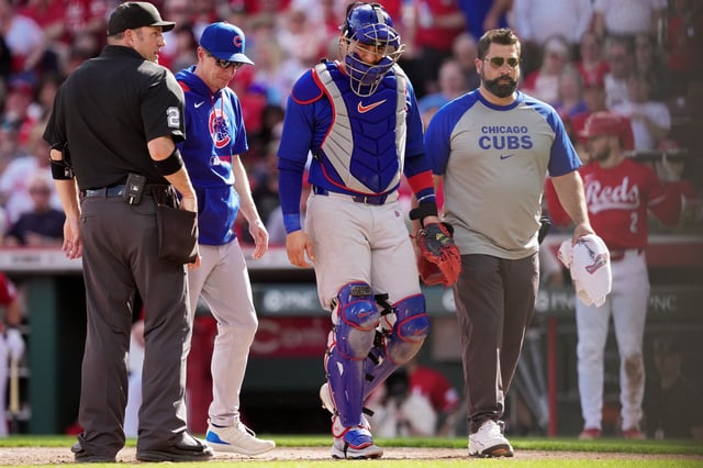 CINCINNATI, OHIO – MAY 24: Miguel Amaya #9 of the Chicago Cubs leaves the game after being injured in the fifth inning against the Cincinnati Reds at Great American Ball Park on May 24, 2025 in Cincinnati, Ohio. (Photo by Dylan Buell/Getty Images)