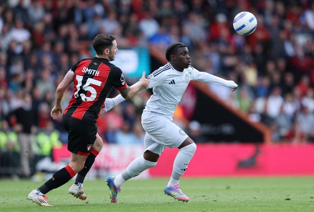 Soccer Football - Premier League - AFC Bournemouth v Leicester City - Vitality Stadium, Bournemouth, Britain - May 25, 2025 Leicester City's Jeremy Monga in action with AFC Bournemouth's Adam Smith Action Images via Reuters/John Sibley