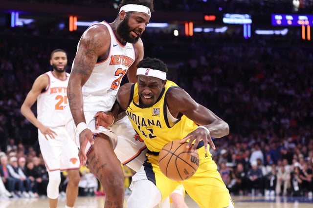 May 23, 2025; New York, New York, USA; Indiana Pacers forward Pascal Siakam (43) controls the ball against New York Knicks center Mitchell Robinson (23) in the first half during game two of the eastern conference finals for the 2025 NBA Playoffs at Madison Square Garden. Mandatory Credit: Wendell Cruz-Imagn Images/File Photo