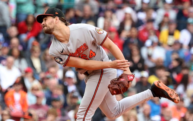 Baltimore Orioles pitcher Dean Kremer throws during the first inning of a baseball game against the Boston Red Sox, Sunday, May 25, 2025, in Boston. (AP Photo/Mark Stockwell)