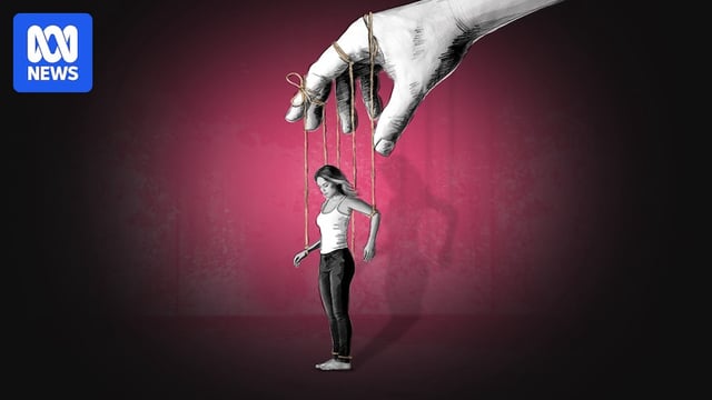 A drawn image of a woman being held up by strings on a large hand as though she is a puppet. 