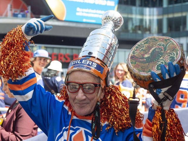 Fans fill Ice District outside Rogers Place in Edmonton to cheer on the Edmonton Oilers, playing the Dallas Stars in the Western Conference Final in Edmonton on Sunday, May 25, 2025.