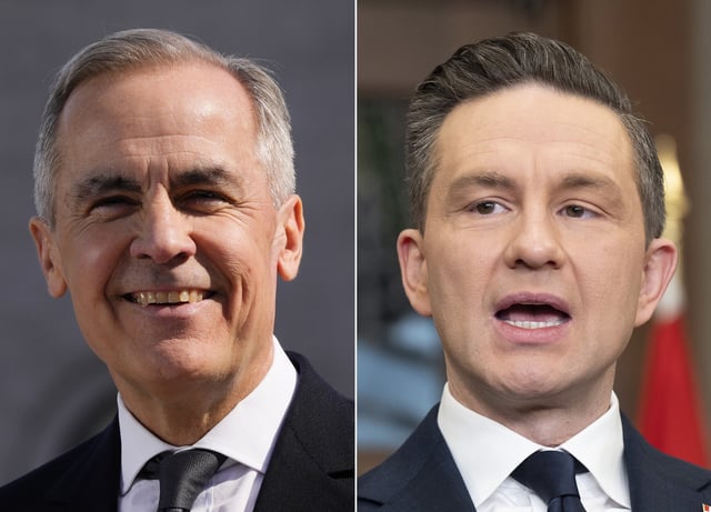 (Left to right) Prime Minister Mark Carney speaks in Ottawa on March 14, 2025, and Conservative Leader Pierre Poilievre speaks with media in Ottawa on Monday, Mar 10, 2025. THE CANADIAN PRESS/Justin Tang, Adrian Wyld