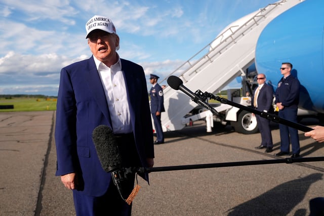 President Donald Trump speaks to reporters before boarding Air Force One at Morristown Municipal Airport in Morristown, N.J., Sunday, May 25, 2025. (AP Photo/Manuel Balce Ceneta)