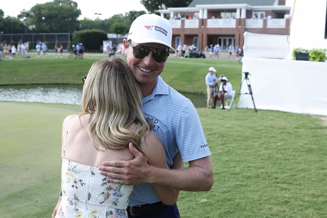 FORT WORTH, TEXAS - MAY 25: Ben Griffin of the United States celebrates after winning the Charles Schwab Challenge 2025 at Colonial Country Club on May 25, 2025 in Fort Worth, Texas. (Photo by Sam Hodde/Getty Images)
